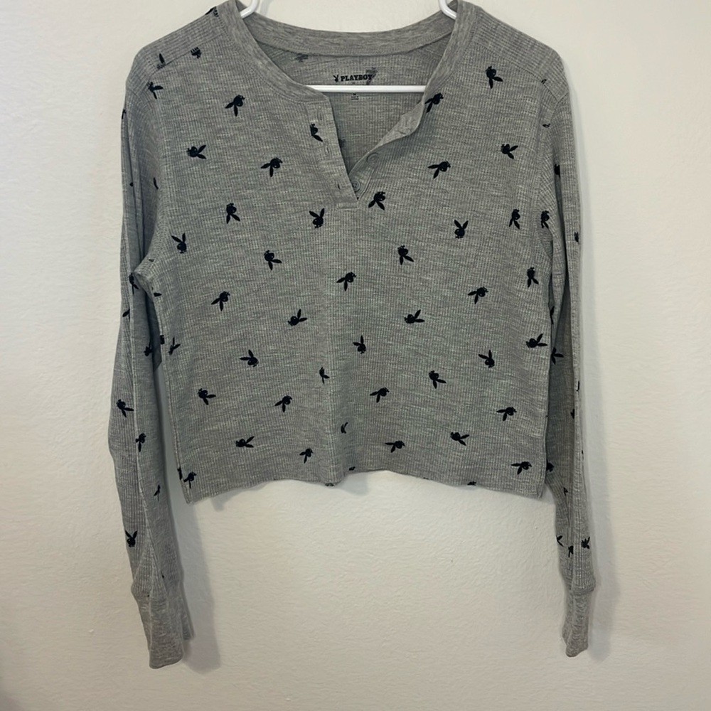 PLAYBOY Grey Waffle Knit Long Sleeve Top